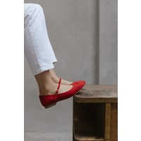 Mary-Jane Red Suede Leather Shoes, Retro Style Ballet Flats, Handmade Rounded Toe Classic Style, Flat Spring Outfit | Etsy (US)