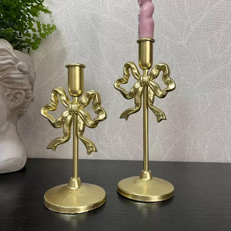 Bow Candle Holder 2 Pack, Gold Taper Candle Holders, Metal Cast Iron Tall Candlestick Stand for T... | Amazon (US)
