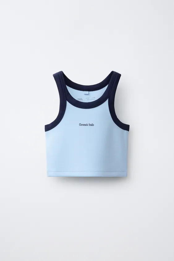 Cropped top with a round neckline and straps. Contrasting ribbed trim. Text print on the front. F... | Zara US