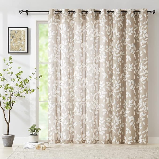 Taupe White Leaf Sheer Curtains for Living Room 84 inch Length Sliding Door Curtains Khaki Print ... | Amazon (US)