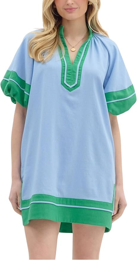 Esmeling Women's Color Block Pullover Dress V-Neck Puff Sleeve Mini Dress with Pockets | Amazon (US)