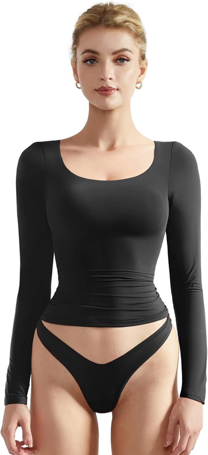 SUUKSESS Women Double Lined Fitted Basic T Shirts Scoop Neck Long Sleeve Crop Top | Amazon (US)