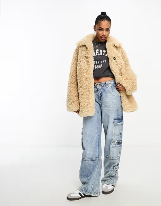 ASOS DESIGN curly faux sheepskin jacket in sand | ASOS (Global)