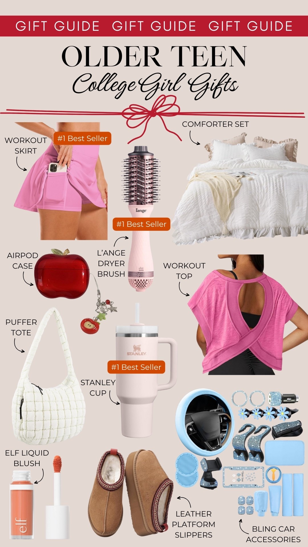 Older teen/college girl gift guide includes a workout skirt, L’ange dryer brush, a comforter set, workout top, AirPod case, puffer tote, Stanley cup, Elf liquid blush, leather platform slippers, and a bling car accessory hit.

Gifts for girls, gifts for teens, gifts for older girls, tween gift guide, gifts under 25, gifts under 50

#LTKGiftGuide #LTKFindsUnder50 #LTKHoliday