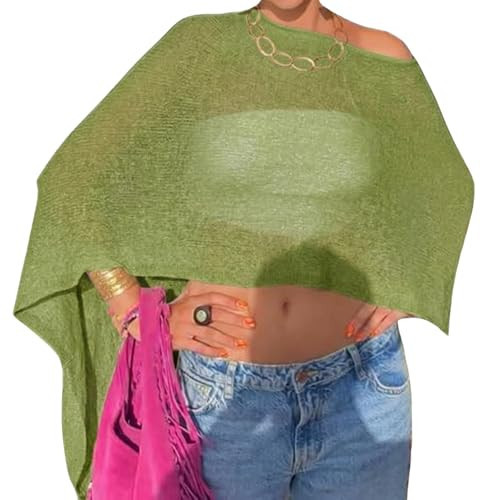 Women Sheer Poncho Top Crochet Lightweight Shawl Beach Cover Up Rave Festival Vacation Outfits Summer Going Out Tops Grass Green | Amazon (US)