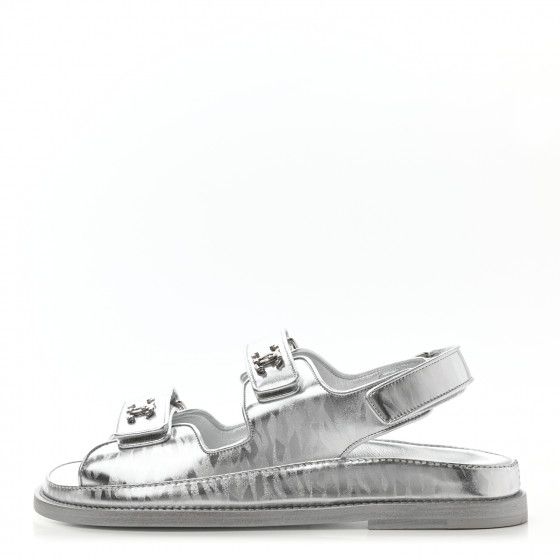 CHANEL Laminated Calfskin Velcro Dad Sandals 38 Silver | FASHIONPHILE | Fashionphile