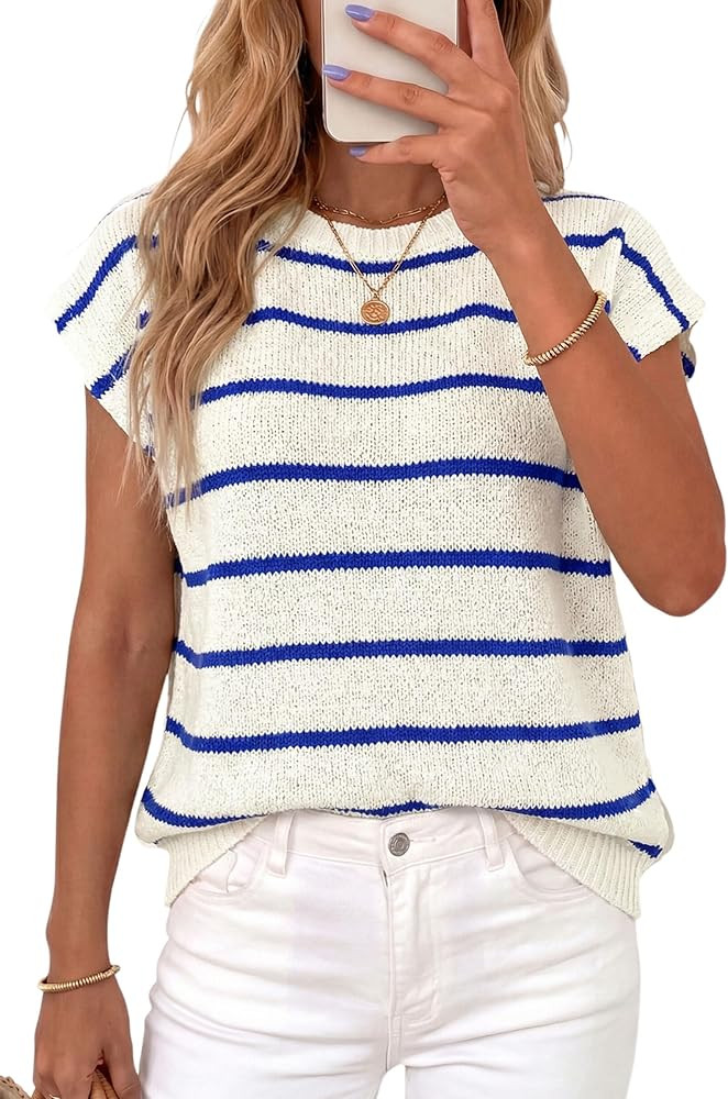 PRETTYGARDEN Womens Summer Short Sleeve Tops 2026 Trendy Crew Neck Striped Knit Sweater Business ... | Amazon (US)