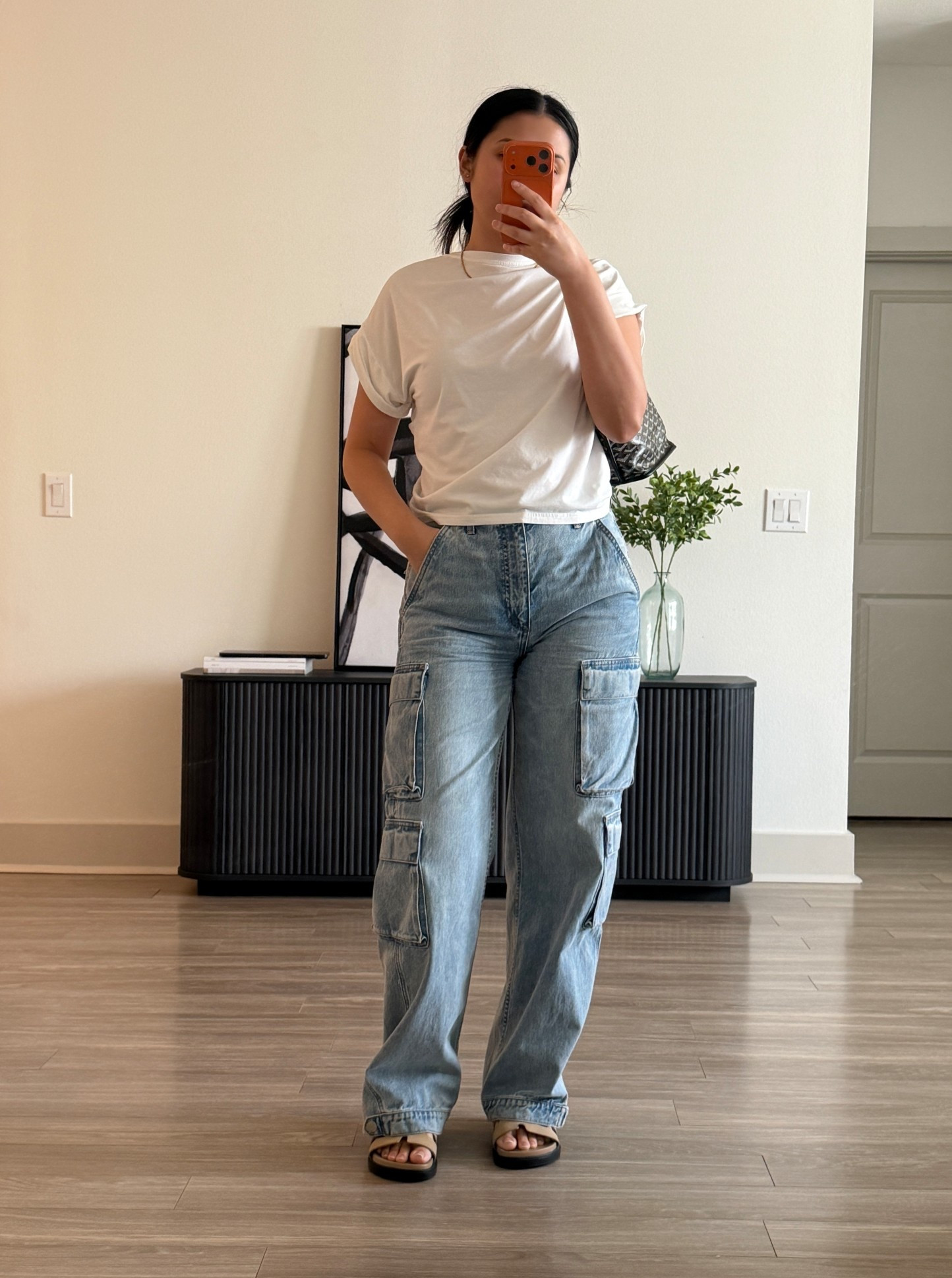 Casual mom outfit. We tried a new smoothie place today, juice land super yummy 😋 
Top SHEIN
Jeans Aritzia denim forum
Shoes SHEIN 


Cargo jeans, chunky sandals, simple white tee, and mini tote bag 

#LTKmomlife #LTKootd