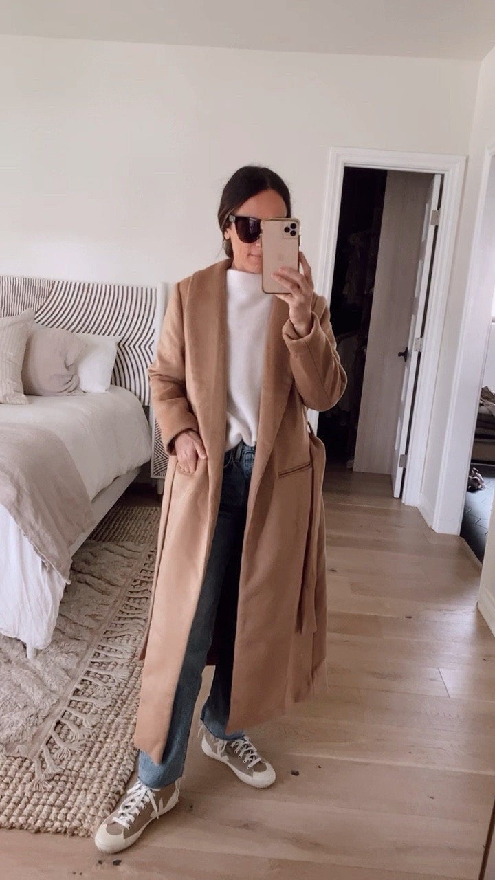 Heavy camel coat (sustainably made) 25% off until tonight (11/28). This was a cyber week purchase of mine. 
It’s unlined, but heavy and warm. I am wearing my regular size and a medium thickness cashmere sweater underneath. 

#LTKCyberweek #LTKHoliday