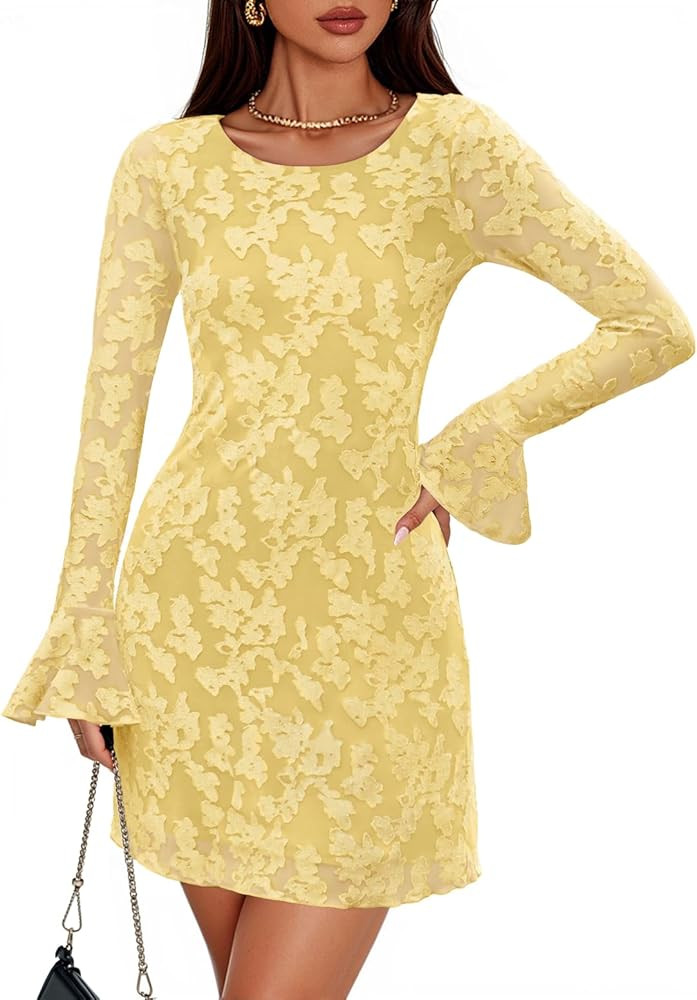ZESICA Long Sleeve Mini Dresses for Women Spring Mesh Floral Crewneck Bodycon Wedding Guests Cock... | Amazon (US)