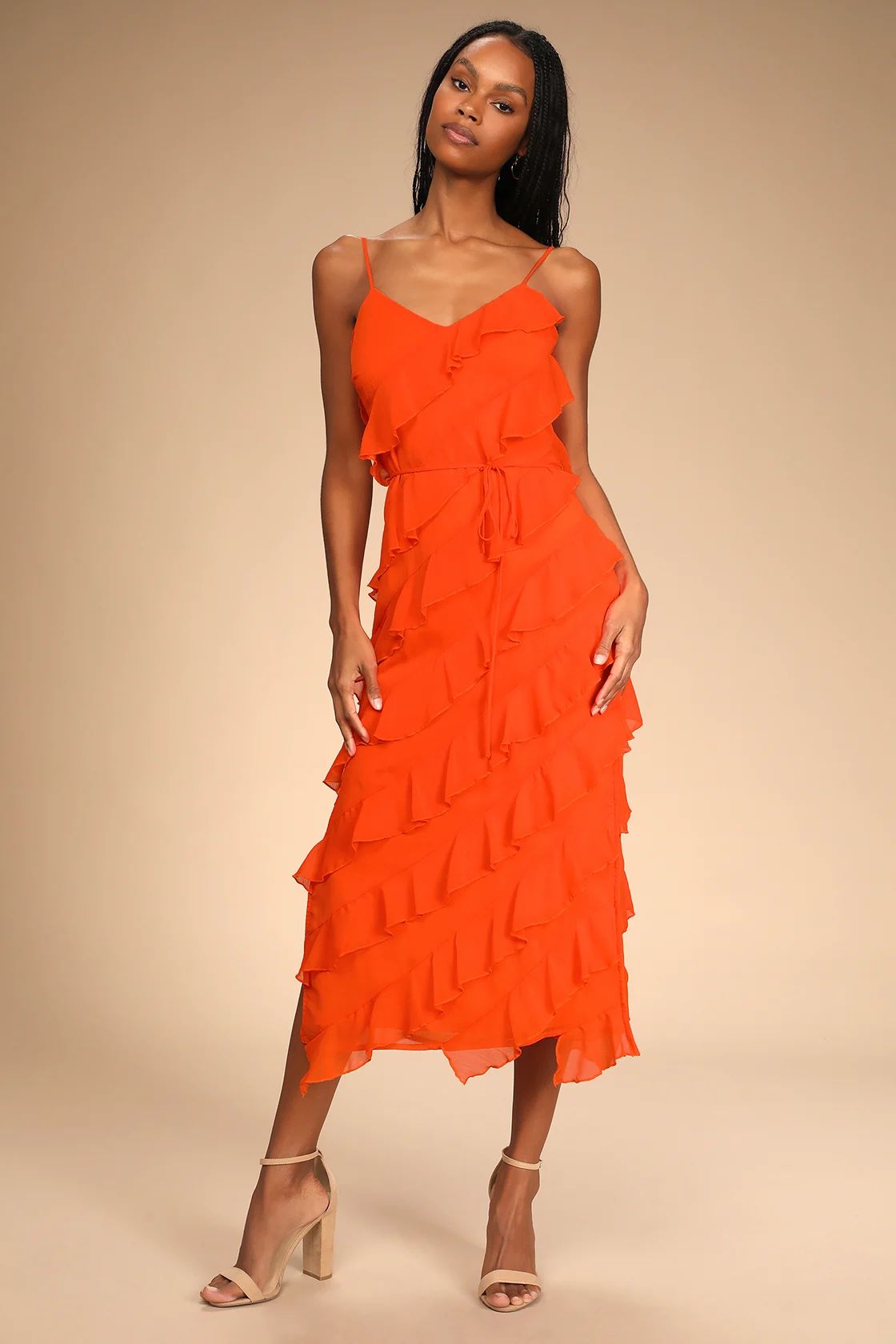 Love the Look Bright Orange Tiered Ruffled Midi Dress | Lulus (US)
