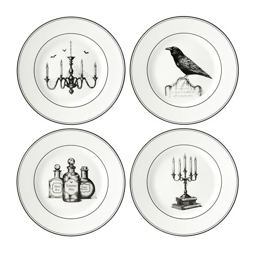 Lenox Dinnerware Set, Vintage Halloween 4-Piece Dessert Plate Set, Assorted, Set of 4 Ivory Porcelain Plates, Dishwasher Safe, Halloween Decor Indoor, Party Table Decorations (Black/White, 4 Piece) | Amazon (US)