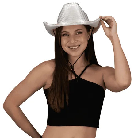 Light up LED Flashing Sequin Cowboy Hat (White) – Sparkly Glitter Cowgirl Hat for Disco Party Birthday by PartyGlowz | Walmart (US)