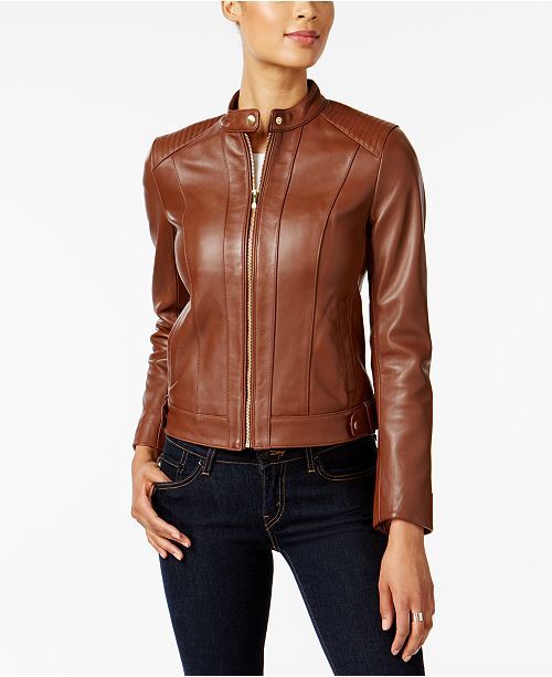 Petite Zip-Cuffs Leather Moto Jacket | Macys (US)