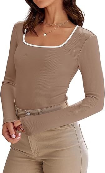 ZESICA Women's Long Sleeve Square Neck Shirts Fall Knit Tops | Amazon (US)