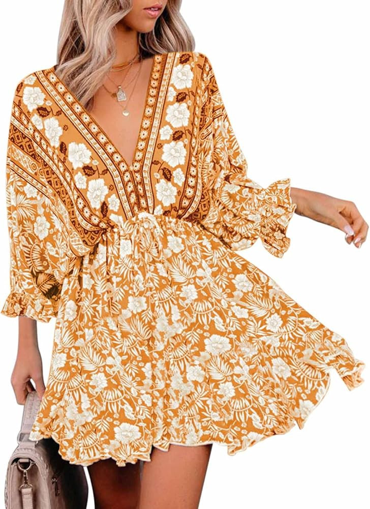 AOHITE Womens Summer V Neck Bohemian Dress Tribal Print Short Sleeve Dress Tie Back Shift Dresses | Amazon (US)