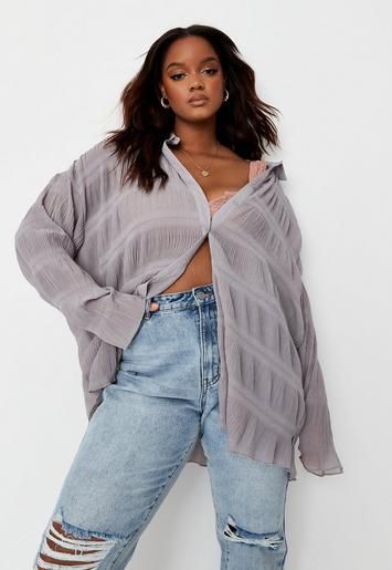 Plus Size Grey Sheer Crinkle Extreme Oversized Shirt | Missguided (UK & IE)
