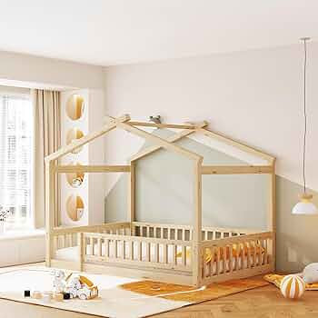 Merax Full Size Wooden House Bed with Fence, Wood Bed Frame with Roof and Safety Guardrail for Ki... | Amazon (US)