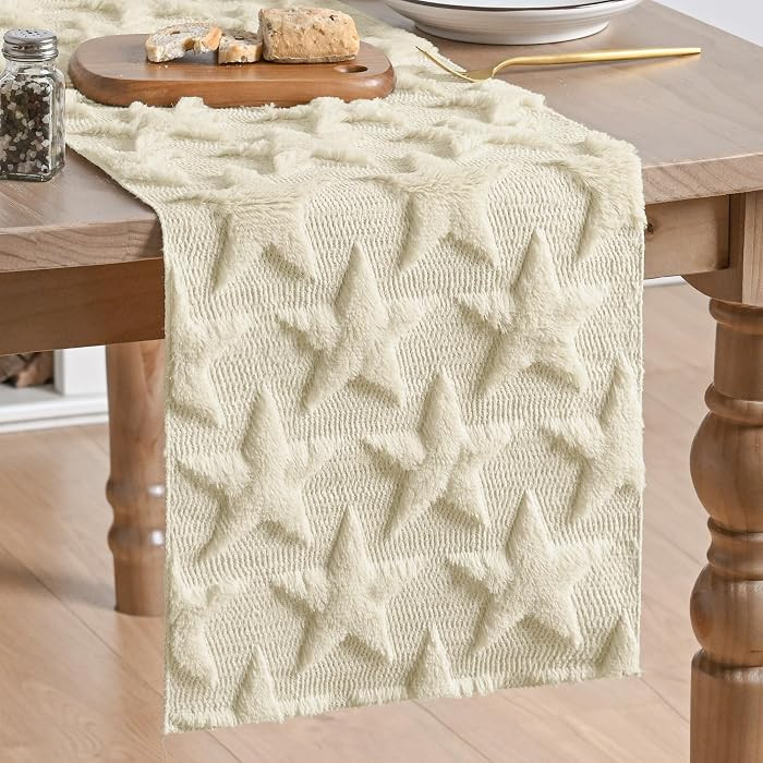 Artoid Mode Beige Soft Plush Faux Fur Jacquard Big Stars 4th of July Table Runner, Memorial Day H... | Amazon (US)