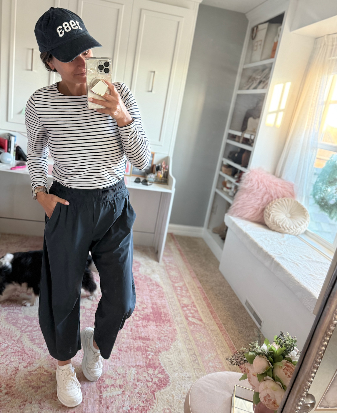 Mom outfit with navy barrel jeans and a striped shirt

Fit Tip: Everything is true to size. Wearing a small in each piece. Size down in the pants if in between. 

 