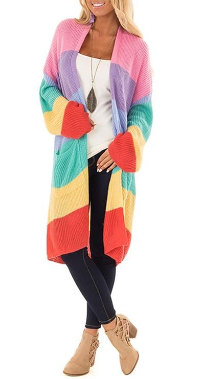 Women's Knitted Rainbow Cardigans Color Block Long Drape Knit Sweaters with Pockets | Amazon (US)