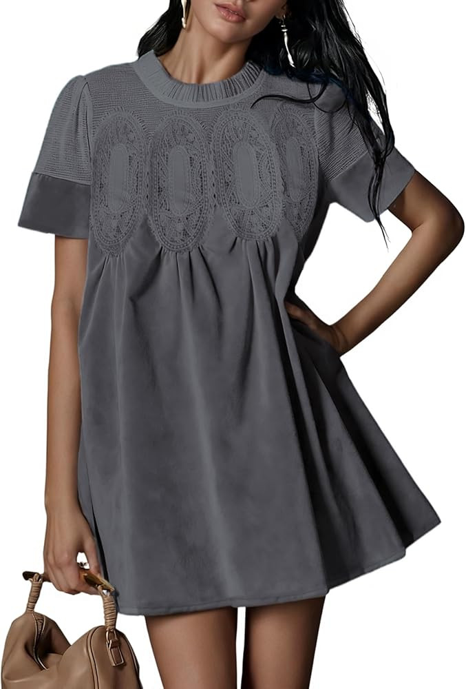 Athlisan Womens Faux Suede Mini Dress Lace Patchwork Short Sleeve Crew Neck A Line Babydoll Dress... | Amazon (US)