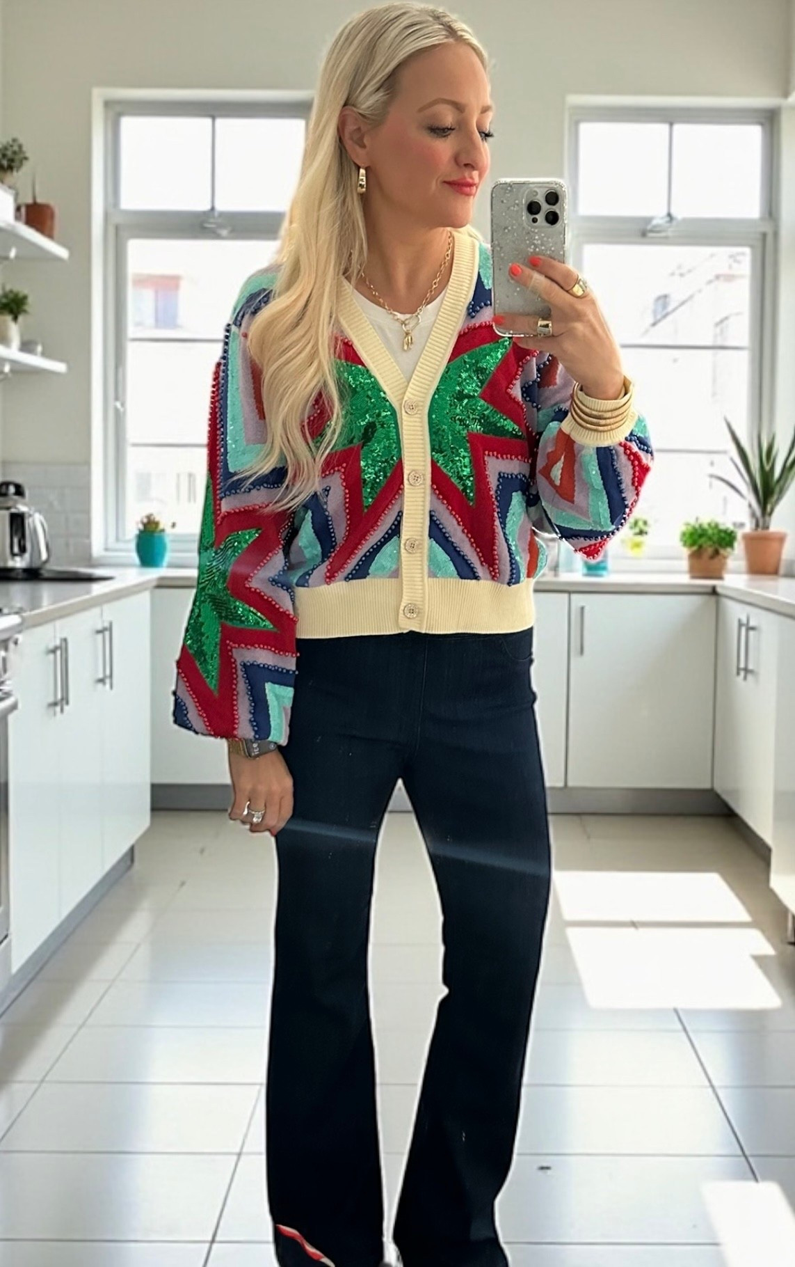 This Queen of Sparkles Starburst cardigan is STUNNING & ON SALE! I Got so many compliments on it yesterday!!! The quality is incredible and it has sparkles is just the right places. Runs TTS for a slightly oversized fit. I’m in a small  