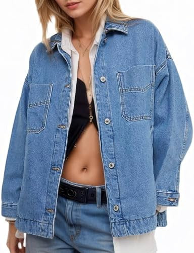 1901 SOCIETY Women's City Denim Jacket–Long Sleeve Oversized Boyfriend Style Jean Jacket with B... | Amazon (US)