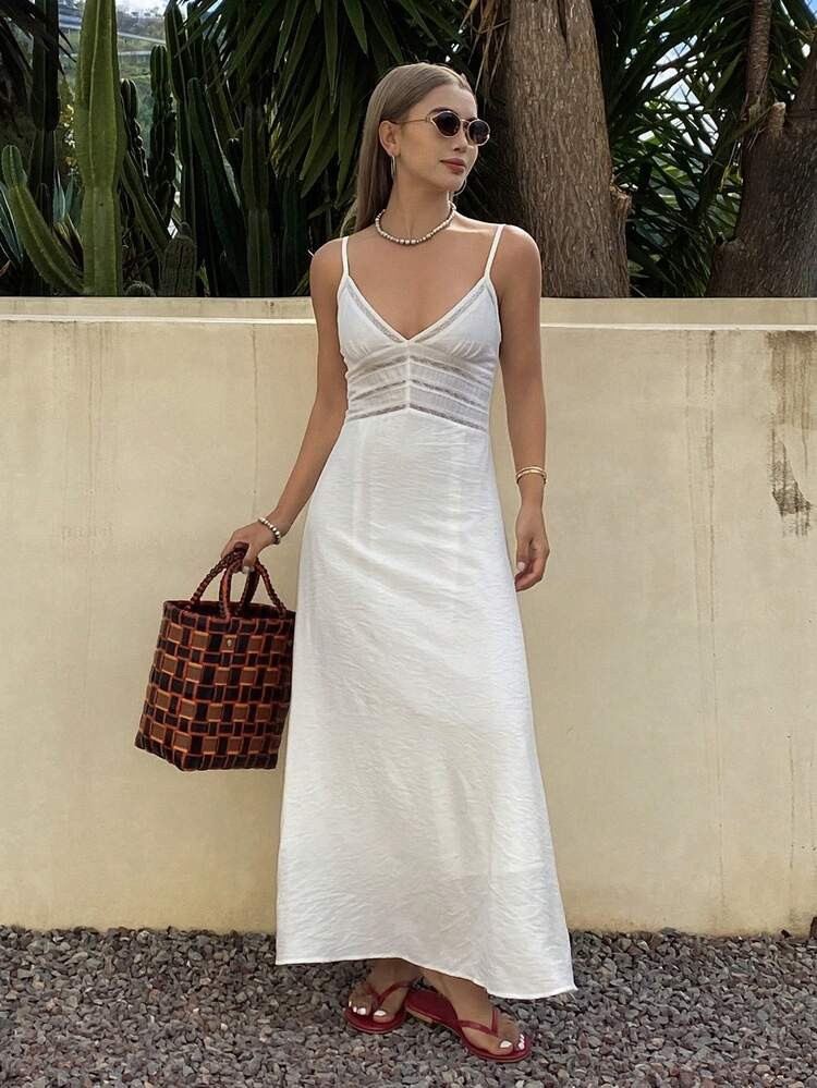 Livesso White Sleeveless Dress, Elegant Fitted Waist Design, Suitable For Spring, Summer, Valentine's Day, Wedding, Beach Vacation Maxi Dress | SHEIN