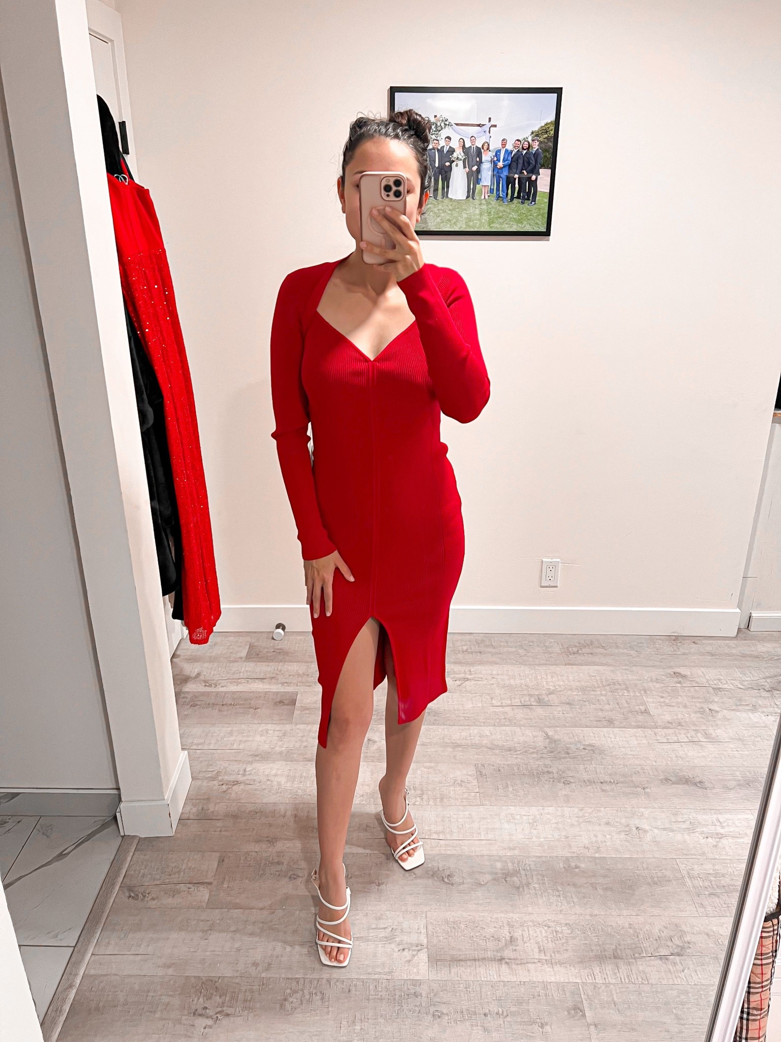 Red sweater dress with white strappy heels is the perfect holiday party look  

#LTKFindsUnder100 #LTKgrwm #LTKHoliday