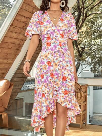 Allover Floral Print Wrap Hem Dress | SHEIN