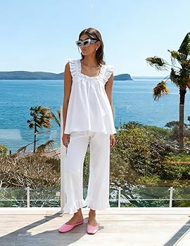 KFUBUO Womens Pajamas Set 2 Piece Ruffle Pj Soft Tank Top and Long Pants Lounge Set with Pockets ... | Amazon (US)