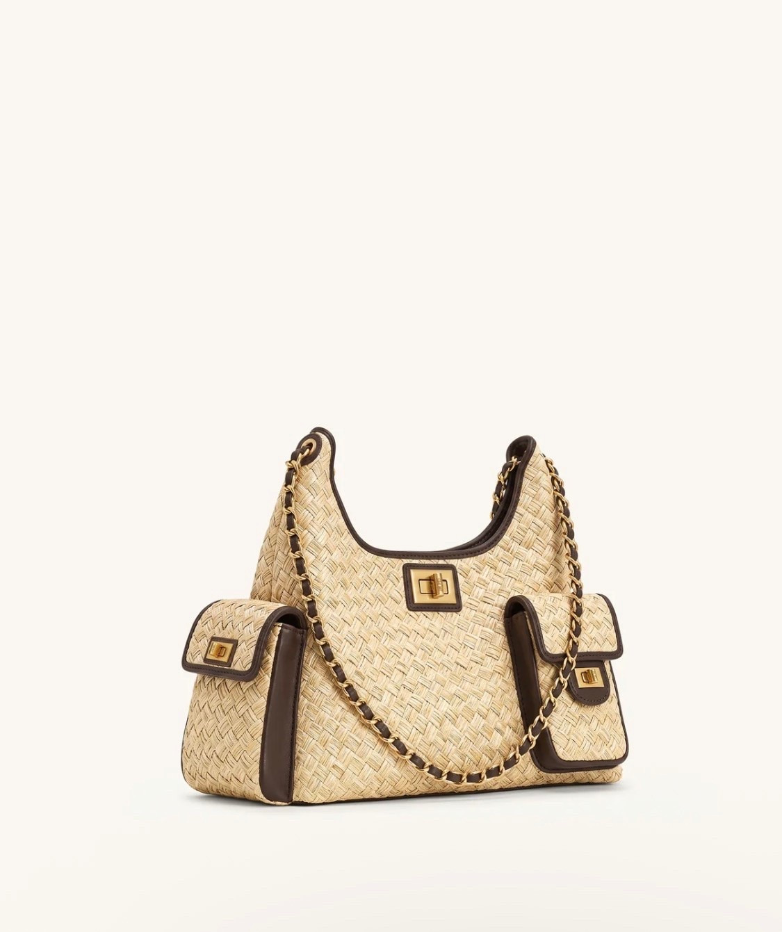 Vivian Faux Straw Chain Shoulder Bag - Chocolate Brown
