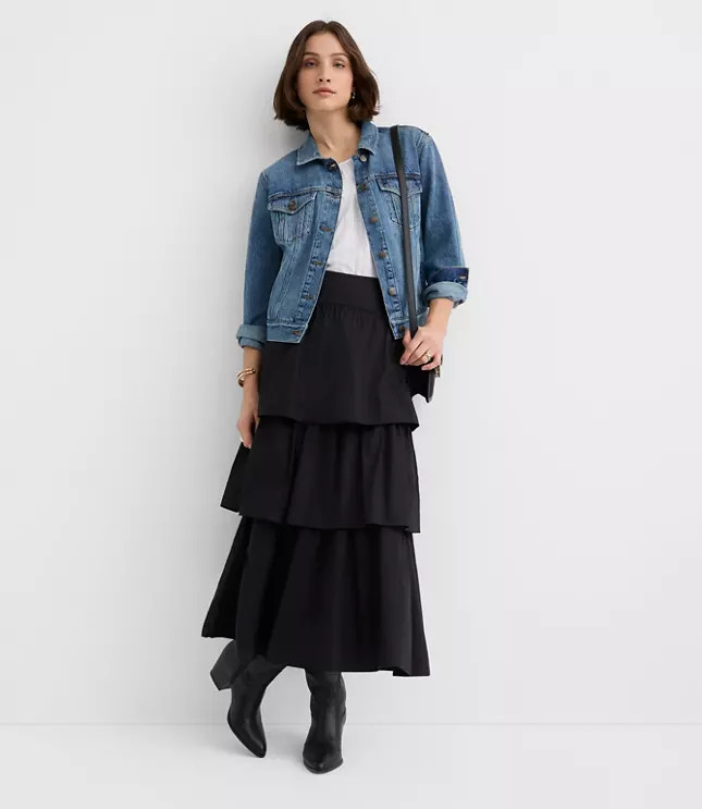 Yoke Poplin Ruffle Tiered Midi Skirt | LOFT