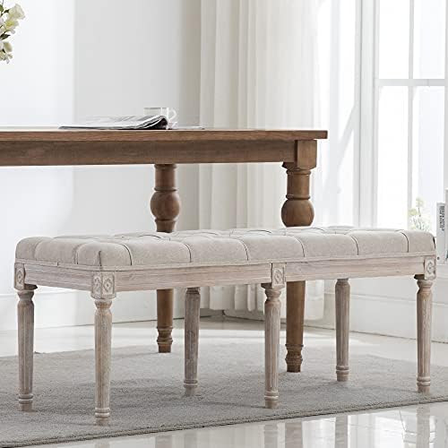 Upholstered Dining Room Bench, Rustic Living Room Ottoman Bench with Carved Pattern & Rustic White B | Amazon (US)