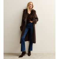 Women's Dark Brown Faux Fur Trimmed Faux Suede Coat New Look | New Look (UK)