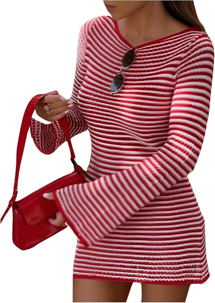 SOLY HUX Women's Striped Bodycon Mini Dress Crew Neck Long Sleeve Casual Fall Dresses | Amazon (US)