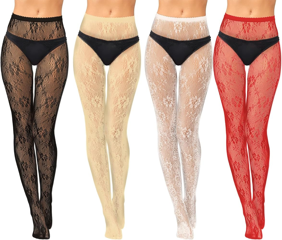 Jiuguva 4 Pack Women's Patterned Tights Fishnet Stockings Floral Pantyhose Stockings Rose Flower ... | Amazon (US)