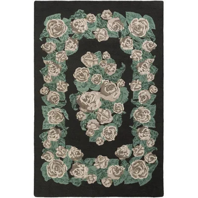 Sandidge Floral Handmade Tufted Wool Black/Green/Beige Area Rug | Wayfair North America