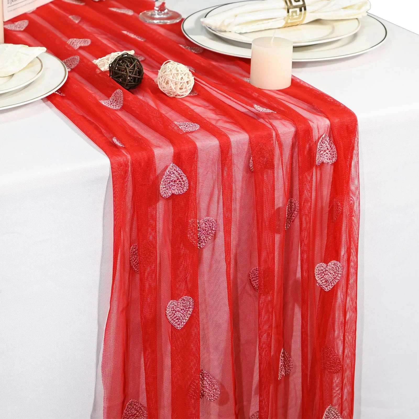 Embroidered Red Heart Lace Table Runner 300x70cm – Romantic Polyester Banquet Decor for Wedding... | Walmart (US)