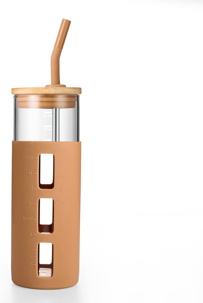 Amazon.com | tronco Glass Tumbler with Bamboo Lid and Straw,24OZ Reusable Iced Coffee Cup,Smoothi... | Amazon (US)