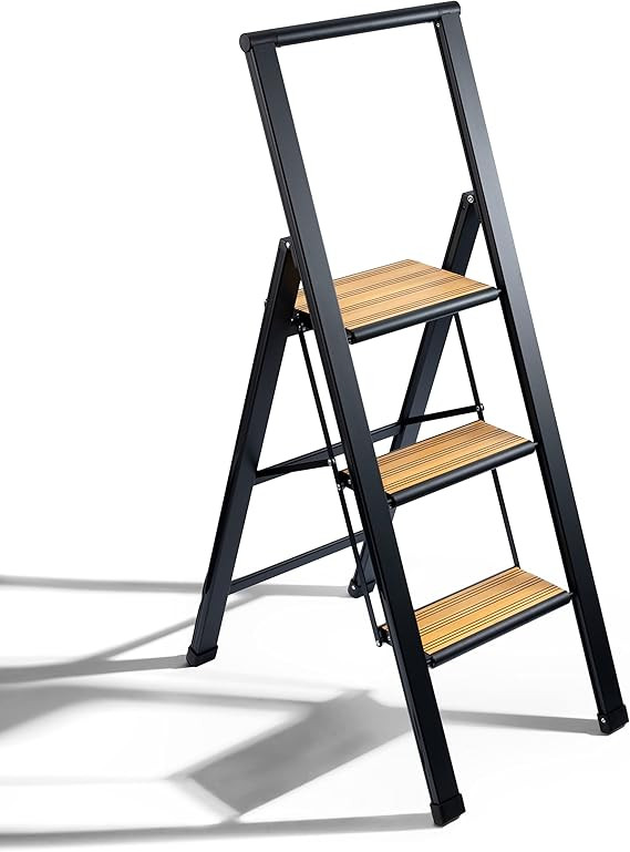 Step Ladder 3 Step Folding, Decorative - Beautiful Bamboo & Black Aluminum, Ultra Slim Profile, A... | Amazon (US)