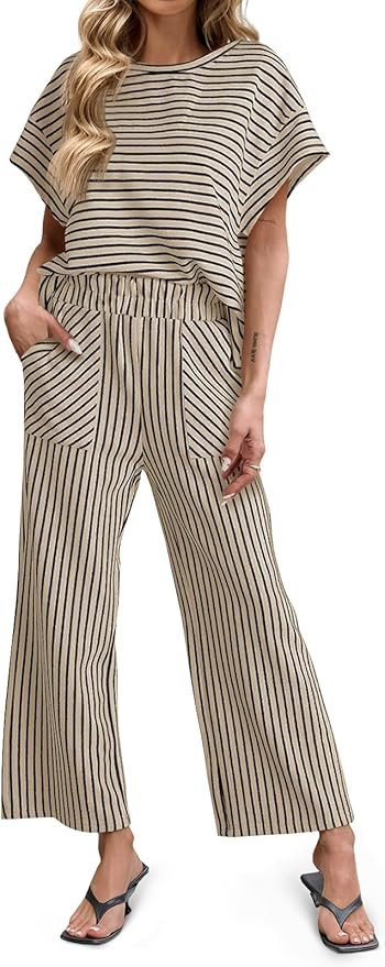 Tankaneo Womens Striped 2 Piece Sets Short Sleeve T Shirts Wide Leg Pants Matching Lounge Set wit... | Amazon (US)