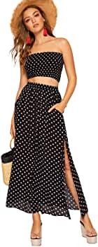 Floerns Women's 2 Piece Outfit Polka Dots Crop Top and Long Skirt Set with Pockets, Beach Vacation | Amazon (US)