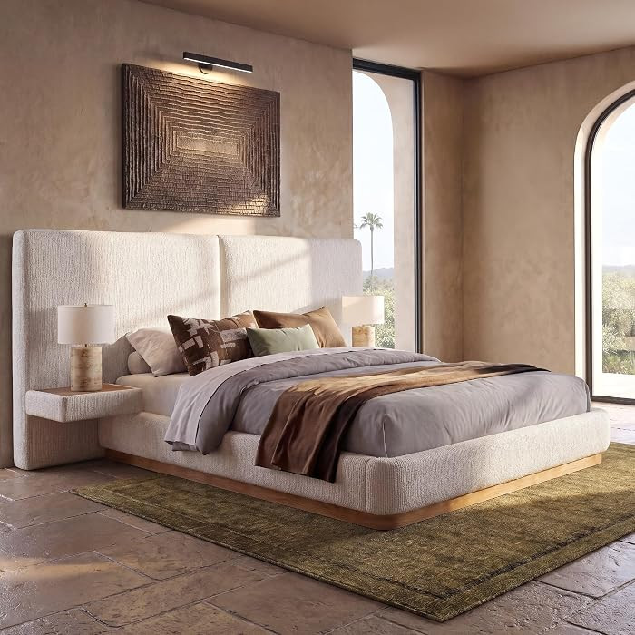 Queen Bed Frame, Upholstered Platform Bed Frame with Large Curved Headboard & 2 Floating Shelves,... | Amazon (US)