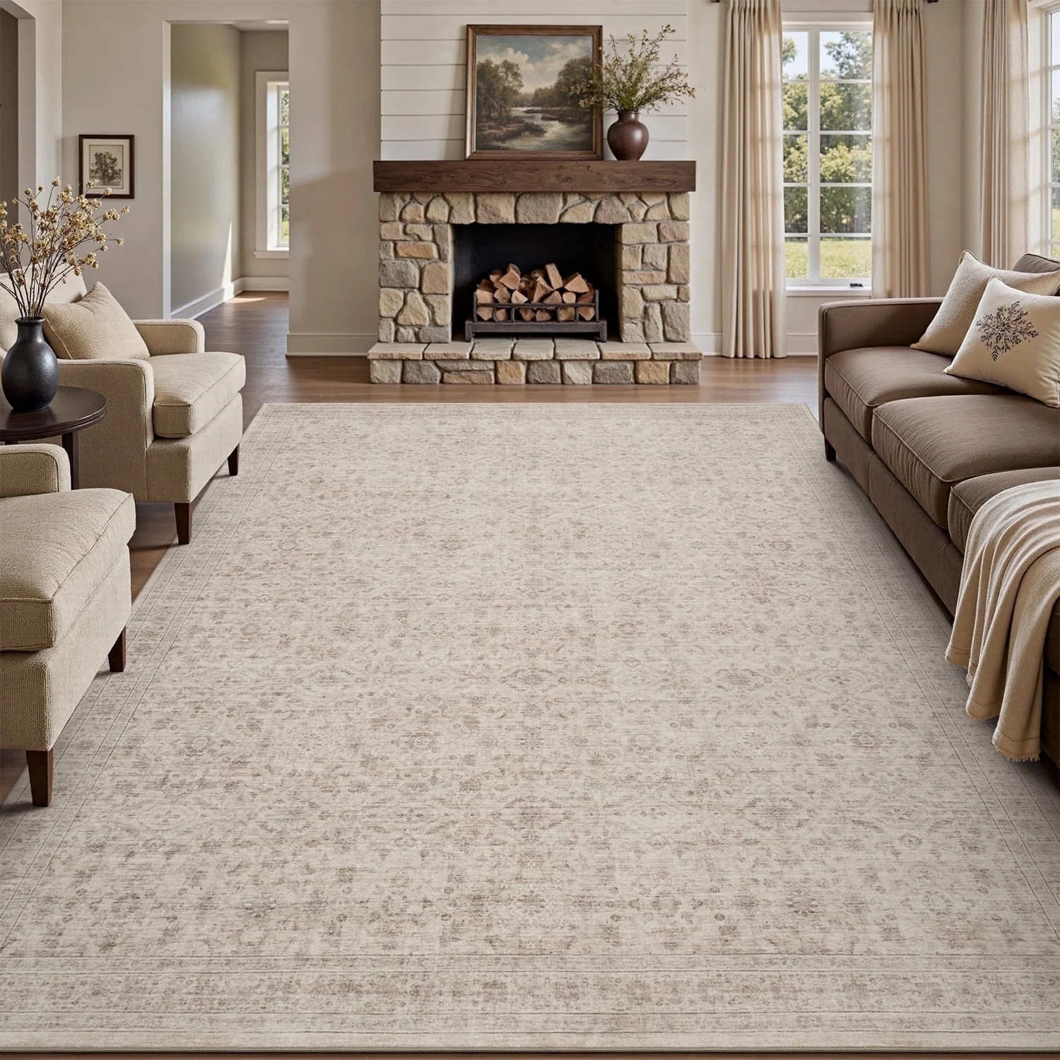 SIXHOME 8'x10' Vintage Distressed Area Rug Soft Washable Non-Slip Carpet American Classic Retro Rug with Geometric Rugs for Living Room Bedroom Neutral Home Decor Beige | Walmart (US)