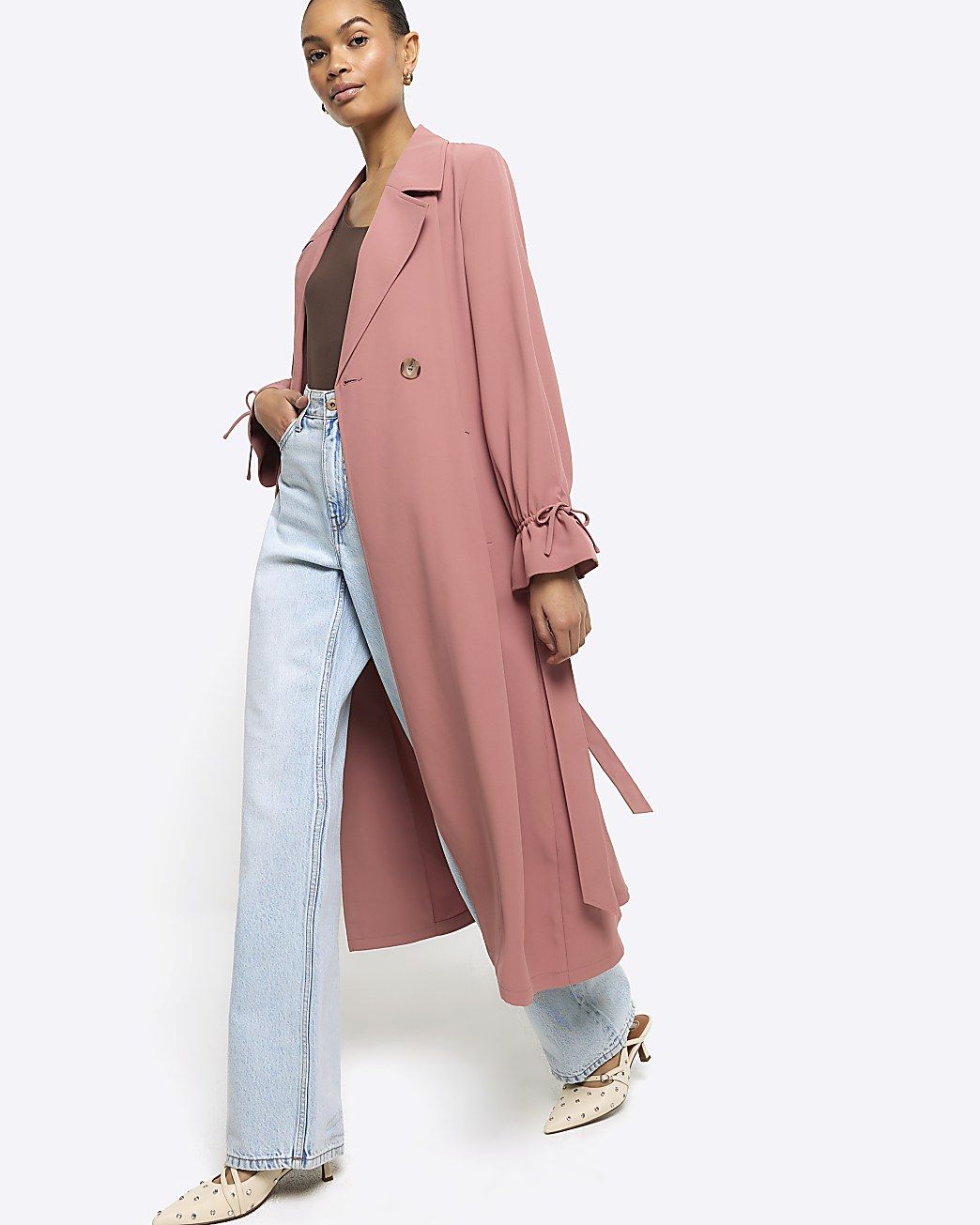 Pink tie cuff belted duster coat | River Island (UK & IE)