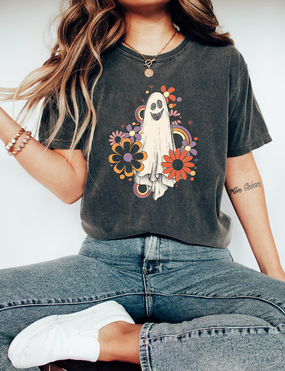 Retro Halloween Comfort Colors Shirt Flower Ghost Sketch - Etsy | Etsy (US)