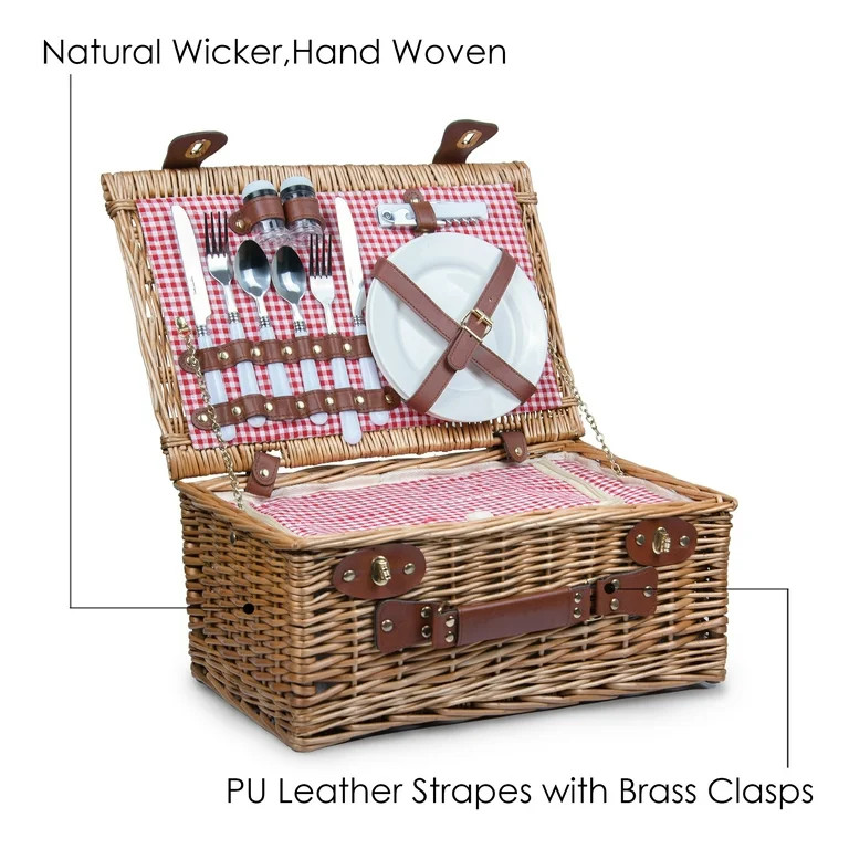 Wicker Picnic Basket Set for 2 Persons Large Willow Hamper with Insulated Cooler Compartment and ... | Walmart (US)