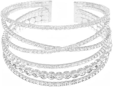 Jojomina MultiLayer Crystal Rhinestone Cuff Bracelet For Women Girls Silver Strand Layered Bridal... | Amazon (US)